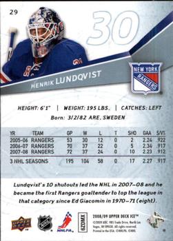 2008-09 Upper Deck Ice #29 Henrik Lundqvist Back