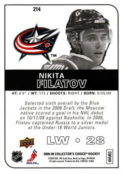2008-09 Collector's Choice #214 Nikita Filatov Back