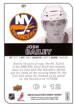 2008-09 Collector's Choice #221 Josh Bailey Back