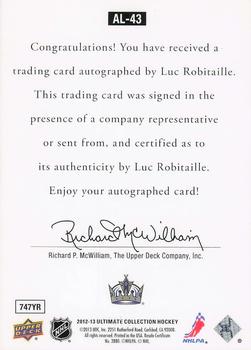 2012-13 Upper Deck The Cup - 2012-13 Upper Deck Ultimate Collection: 1997 Ultimate Legends Signatures #AL-43 Luc Robitaille Back