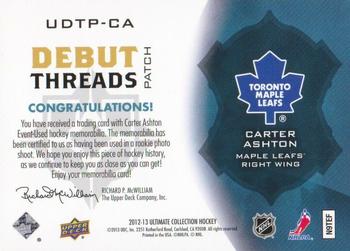 2012-13 Upper Deck The Cup - 2012-13 Upper Deck Ultimate Collection: Debut Threads Patches #UDTP-CA Carter Ashton Back