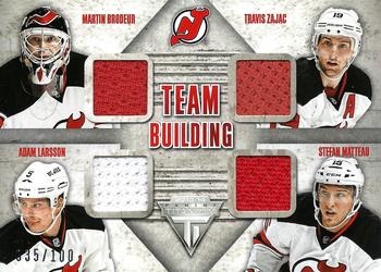 2013-14 Panini Titanium - Team Building Quad Jerseys #TB-NJD Adam Larsson / Martin Brodeur / Stefan Matteau / Travis Zajac Front