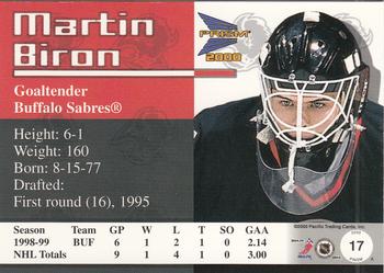 1999-00 Pacific Prism #17 Martin Biron Back