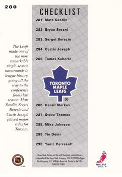 1999-00 Upper Deck Victory #280 Maple Leafs Checklist Back