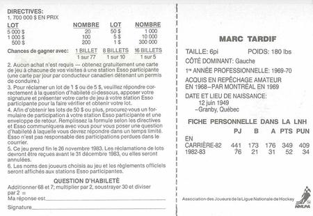 1983-84 Esso French #NNO Marc Tardif Back