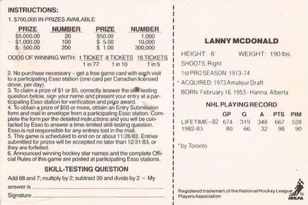 1983-84 Esso English #NNO Lanny McDonald Back