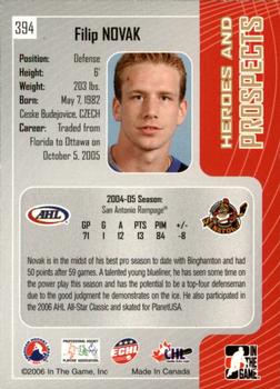 2005-06 In The Game Heroes and Prospects #394 Filip Novak Back