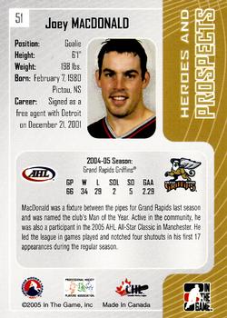 2005-06 In The Game Heroes and Prospects #51 Joey MacDonald Back