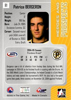 2005-06 In The Game Heroes and Prospects #81 Patrice Bergeron Back
