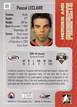 2005-06 In The Game Heroes and Prospects #89 Pascal Leclaire Back