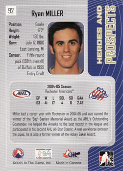 2005-06 In The Game Heroes and Prospects #92 Ryan Miller Back