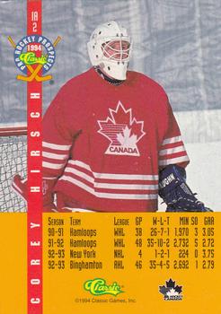 1994 Classic Pro Hockey Prospects - Ice Ambassadors #IA2 Corey Hirsch Back