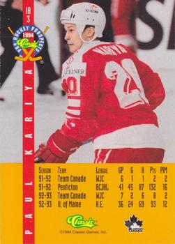 1994 Classic Pro Hockey Prospects - Ice Ambassadors #IA3 Paul Kariya Back