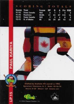 1994 Classic Pro Hockey Prospects - International Heroes #LP15 Paul Kariya Back