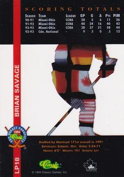 1994 Classic Pro Hockey Prospects - International Heroes #LP18 Brian Savage Back