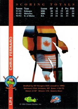 1994 Classic Pro Hockey Prospects - International Heroes #LP4 Chris Ferraro Back