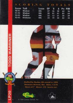 1994 Classic Pro Hockey Prospects - International Heroes #LP20 Todd Warriner Back