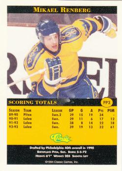 1994 Classic Pro Hockey Prospects - Pro Prospects Foil #PP3 Mikael Renberg Back