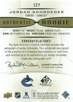 2013-14 SP Game Used - Gold Autographs #127 Jordan Schroeder Back