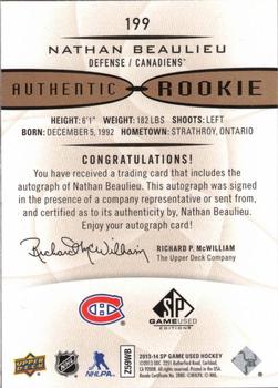 2013-14 SP Game Used - Gold Autographs #199 Nathan Beaulieu Back