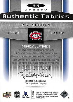 2013-14 SP Game Used - Authentic Fabrics #AF-PS P.K. Subban Back