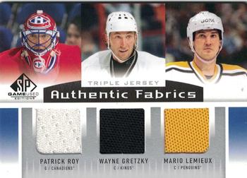 2013-14 SP Game Used - Authentic Fabrics Triple #AF3-GR8 Patrick Roy / Wayne Gretzky / Mario Lemieux Front
