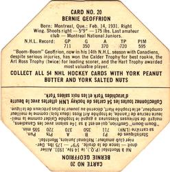 1963-64 York Peanut Butter (White Back) #20 Bernie Geoffrion Back