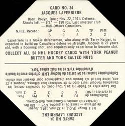 1963-64 York Peanut Butter (White Back) #34 Jacques Laperriere Back