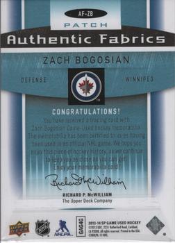 2013-14 SP Game Used - Authentic Fabrics Patches #AF-ZB Zach Bogosian Back
