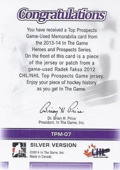 2013-14 In The Game Heroes and Prospects - Top Prospects Jersey Silver #TPM-07 Radek Faksa Back