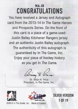 2013-14 In The Game Heroes and Prospects - Jersey Autographs Silver #MA-JB Justin Bailey Back
