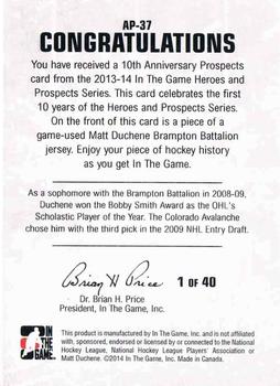 2013-14 In The Game Heroes and Prospects - Tenth Anniversary Jersey #AP-37 Matt Duchene Back
