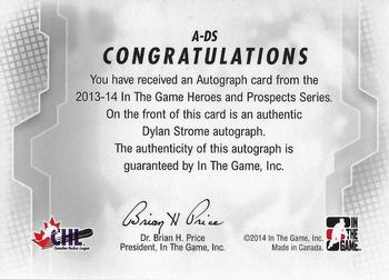 2013-14 In The Game Heroes and Prospects - Autographs #A-DS Dylan Strome Back