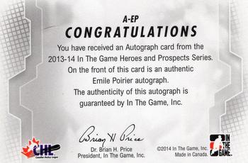 2013-14 In The Game Heroes and Prospects - Autographs #A-EP Emile Poirier Back