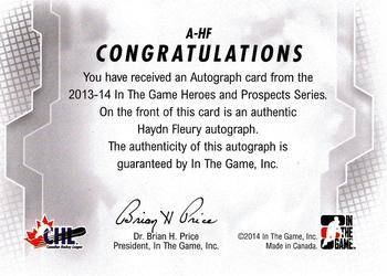 2013-14 In The Game Heroes and Prospects - Autographs #A-HF Haydn Fleury Back