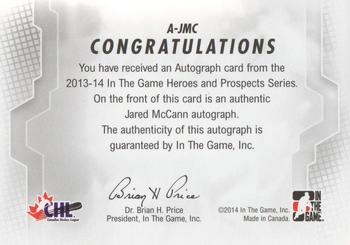 2013-14 In The Game Heroes and Prospects - Autographs #A-JMC Jared McCann Back