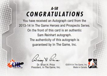2013-14 In The Game Heroes and Prospects - Autographs #A-SR Sam Reinhart Back