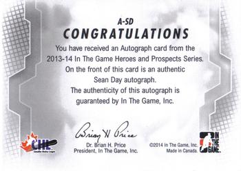 2013-14 In The Game Heroes and Prospects - Autographs #A-SD Sean Day Back