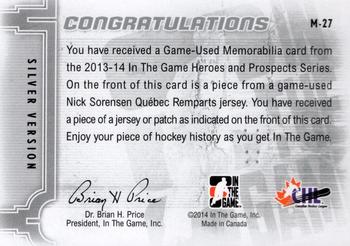 2013-14 In The Game Heroes and Prospects - Game-Used Jersey Silver #M-27 Nick Sorensen Back
