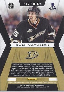 2013-14 Panini Totally Certified - Rookie Roll Call Red Jersey #RR-SV Sami Vatanen Back
