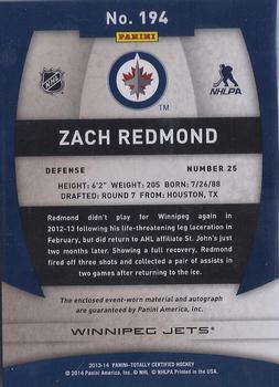 2013-14 Panini Totally Certified - Rookie Autograph Jersey #194 Zach Redmond Back