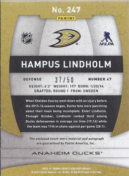 2013-14 Panini Totally Certified - Rookie Autograph Platinum Red Jersey #247 Hampus Lindholm Back