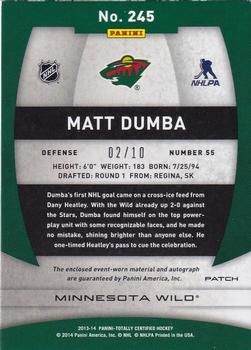 2013-14 Panini Totally Certified - Rookie Autograph Platinum Gold Patch #245 Mathew Dumba Back