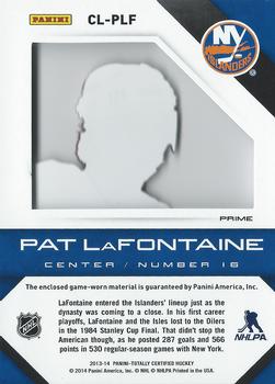 2013-14 Panini Totally Certified - Clear Cloth Blue Prime #CL-PLF Pat LaFontaine Back