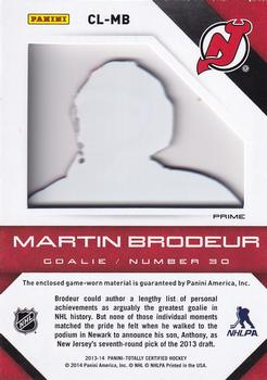 2013-14 Panini Totally Certified - Clear Cloth Blue Prime #CL-MB Martin Brodeur Back