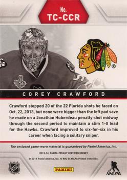 2013-14 Panini Totally Certified - Jerseys Red #TC-CCR Corey Crawford Back