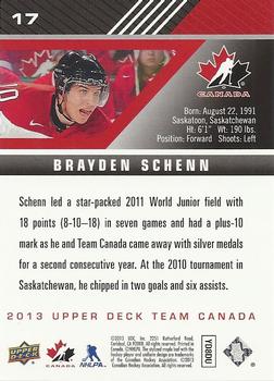 2013 Upper Deck Team Canada #17 Brayden Schenn Back