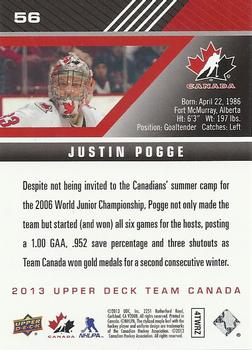 2013 Upper Deck Team Canada #56 Justin Pogge Back