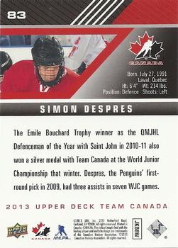 2013 Upper Deck Team Canada #83 Simon Despres Back