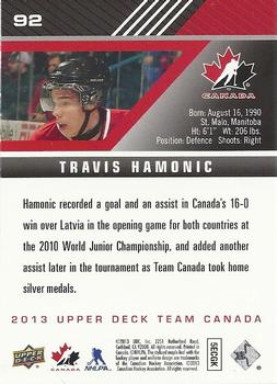 2013 Upper Deck Team Canada #92 Travis Hamonic Back